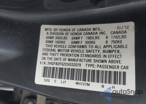 2012 Honda Civic Hf z USA, uszkodzony, nr VIN 2HGFB2F62CH332079